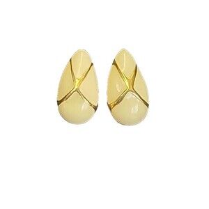 Vintage Signed Napier Designer Yellow Gold Toned Cream Enamel Earrings Clip On